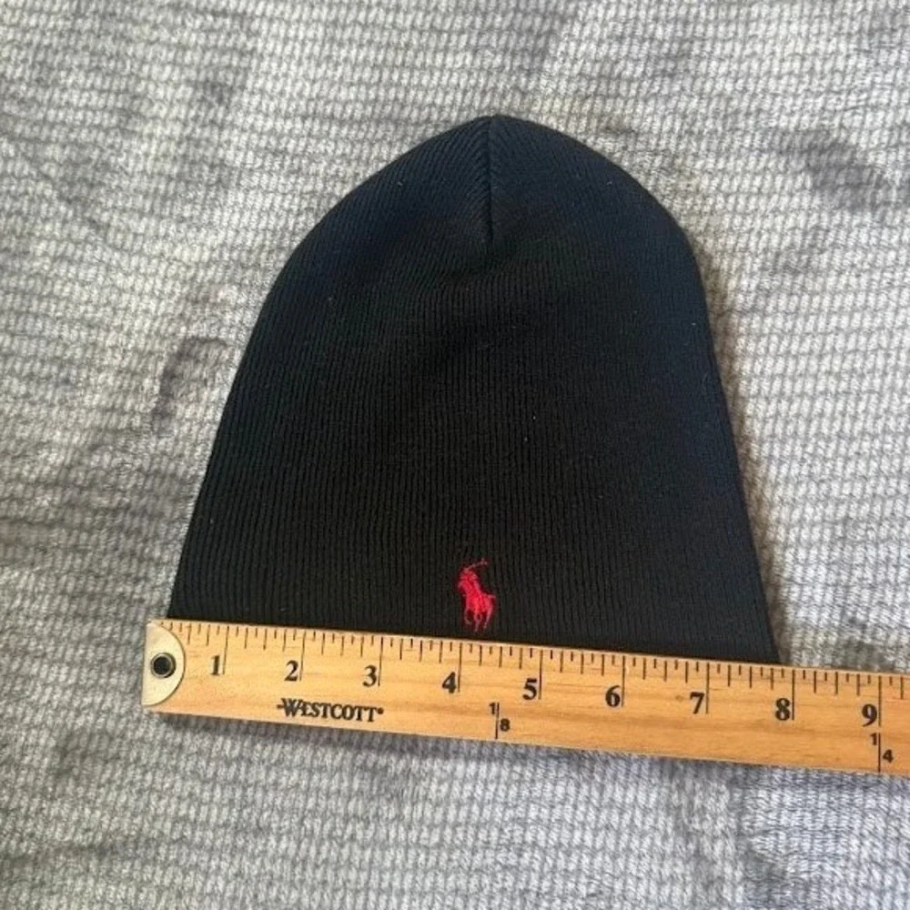 Polo Ralph Lauren Beanie Hat Black Red Pony Logo Ribbed Knit Mens One Size